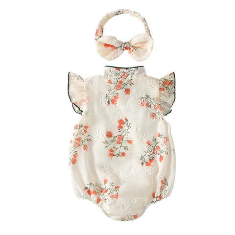 Toddler Girls Traditional Chinese Dress Set — Embroidered Floral Romper with Matching Headband, Summer Outfit