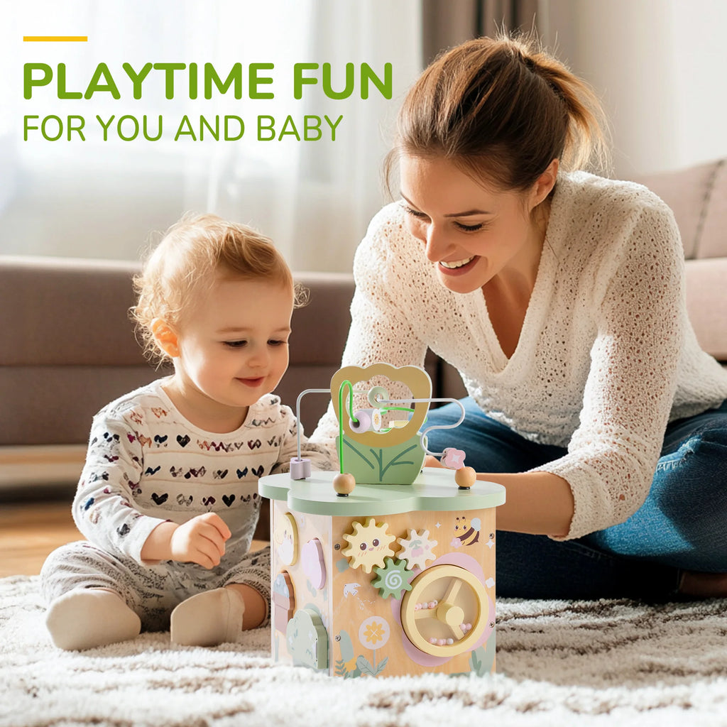 ROBOTIME Wooden Activity Cube Educational Wooden Toys with 7 Functional Areas Flower Bush Theme Montessori Toys for Toddlers