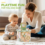 ROBOTIME Wooden Activity Cube Educational Wooden Toys with 7 Functional Areas Flower Bush Theme Montessori Toys for Toddlers
