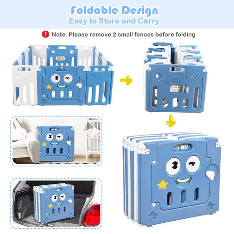 Foldable Playpen, 16-Panel Play Yard With Lock Door & Anti-Slip Rubber Bases, Indoor Outdoor Safety Fence, Adjustable Shape for
