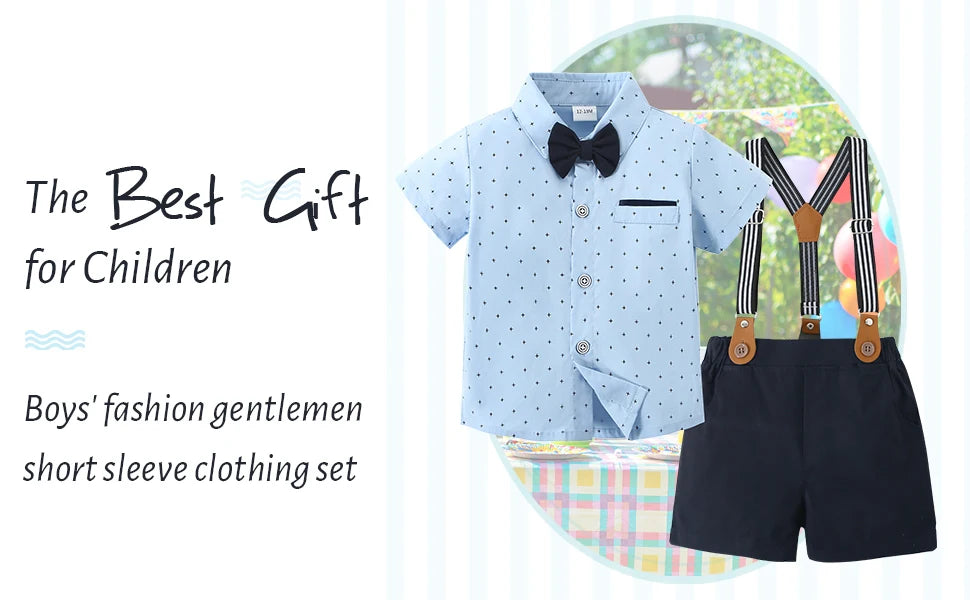 Toddler Baby Boy Clothes 1–5T – Gentleman Suit Set with Short Sleeve Shirt, Bowtie & Suspender Pants – Formal Toddler Dress Outfit for Boys