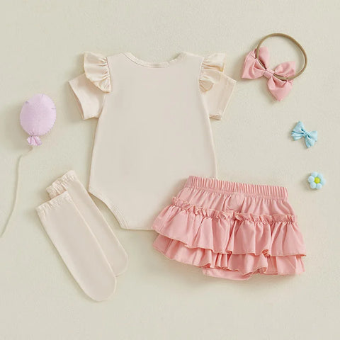 Toddler Girls Floral Print Romper with Ruffle Sleeves, Matching Shorts & Headband – Cute Summer Baby Outfit Set