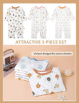 MICHLEY 3pcs Baby Short-Sleeve Rompers & Long-Sleeve Jumpsuit Bodysuit – Soft White Cartoon Infant Clothes Overalls for Boys & Girls