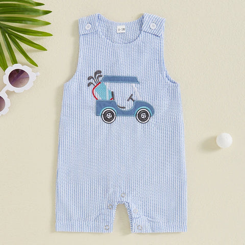 Lioraitiin Baby Boys Sleeveless Romper – Striped Golf Cart Embroidery Summer Jumpsuit for Casual Daily Wear (0-1 Years)