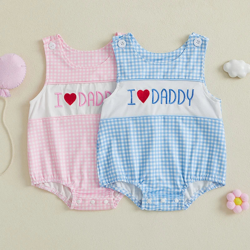 Cute Baby Girl Romper – Sleeveless Infant Bodysuit with Adorable Letter Embroidery & Plaid Design, Round Neck Jumpsuit for Newborns & Toddlers
