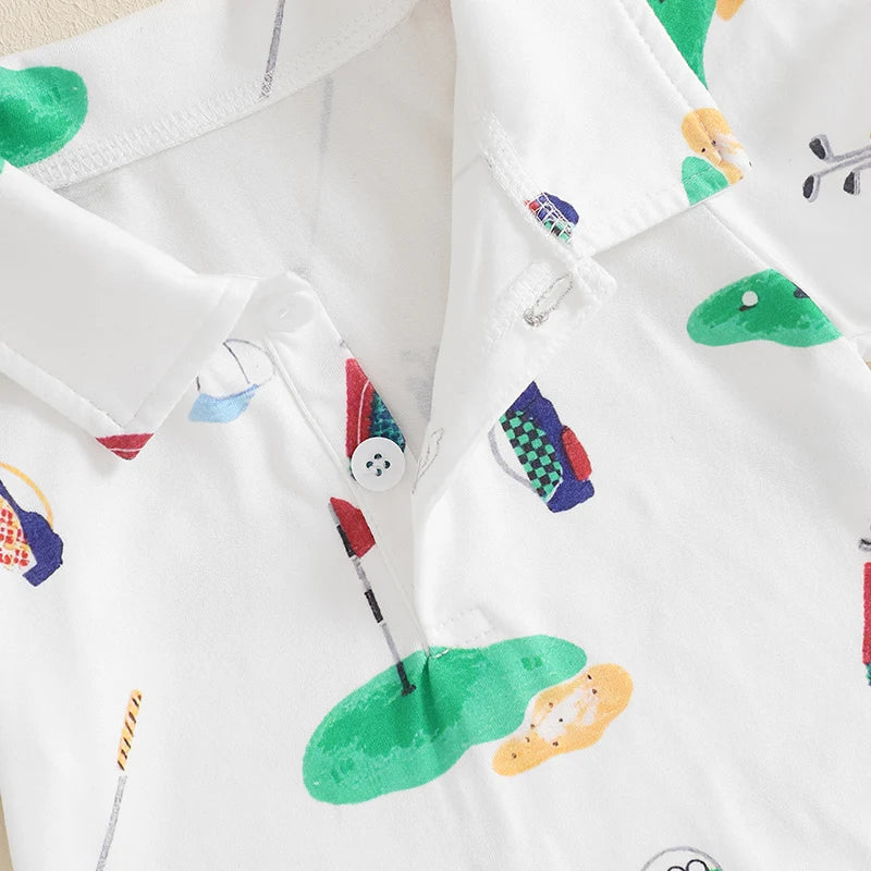 Infant Golf Romper – Unisex Baby Boy or Girl Summer Bodysuit with Half Button-Up, Lapel Neck & Short Sleeves