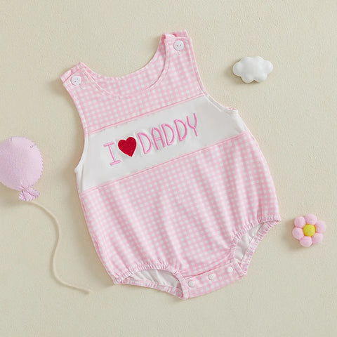 Cute Baby Girl Romper – Sleeveless Infant Bodysuit with Adorable Letter Embroidery & Plaid Design, Round Neck Jumpsuit for Newborns & Toddlers