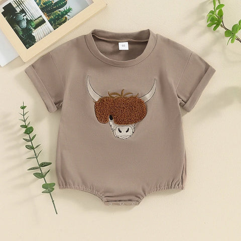 Lioraitiin 0–18M Baby Boy Girl Romper – Round Neck Cow Embroidery Short Sleeve Jumpsuit, Infant Summer Outfit