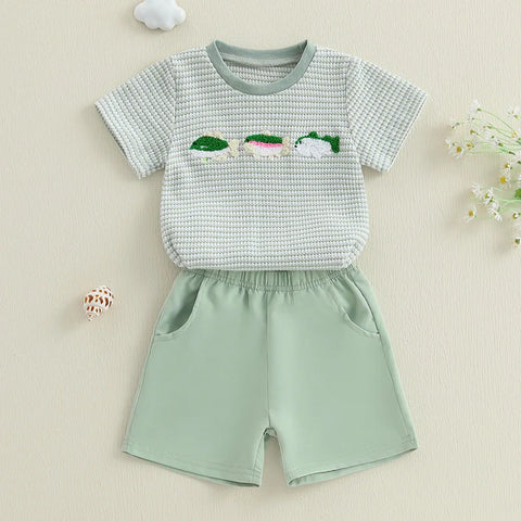 Infant Boy Summer Outfit – Cute Animal Embroidery Short Sleeve T-shirt & Plaid Shorts 2-Piece Set