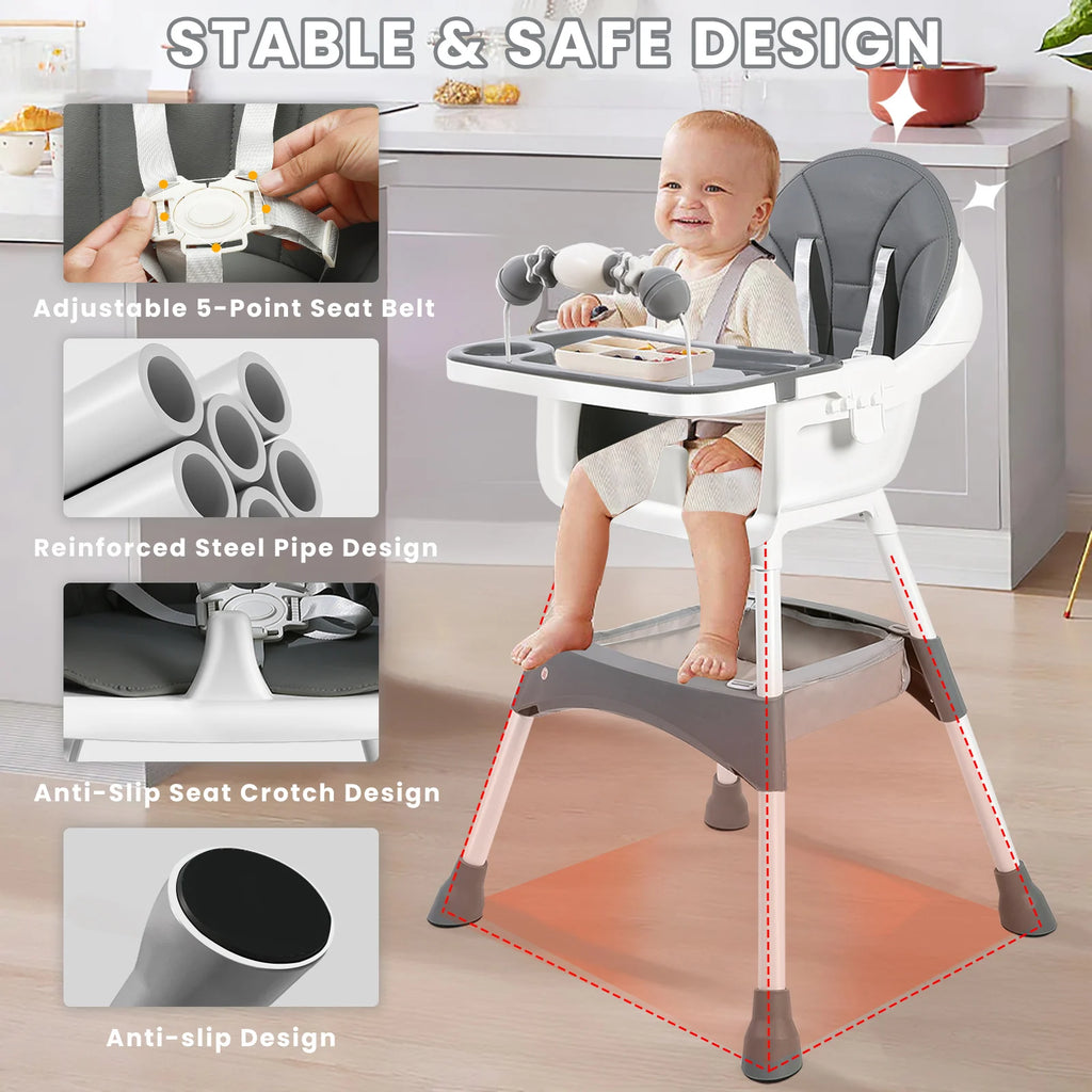 Ubravoo Convertible Baby High Chair – Portable Dining & Play Chair with Removable Double Tray and Toy Rack | Adjustable Seat & Stainless Steel Frame | Model S360