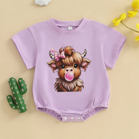 Baby Girl Highland Cow Romper – Soft Cotton Summer Bodysuit | Lioraitiin