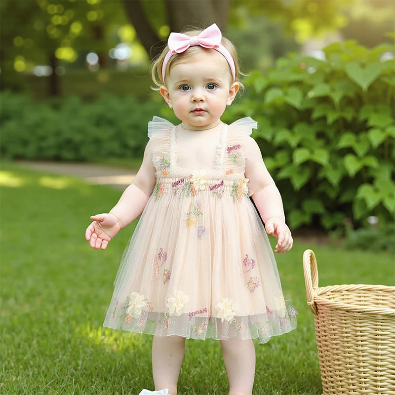 Toddler Girl Sleeveless Floral Embroidered Tulle Dress with Ruffle Square Neckline – Princess Party Dress for Baby Girl