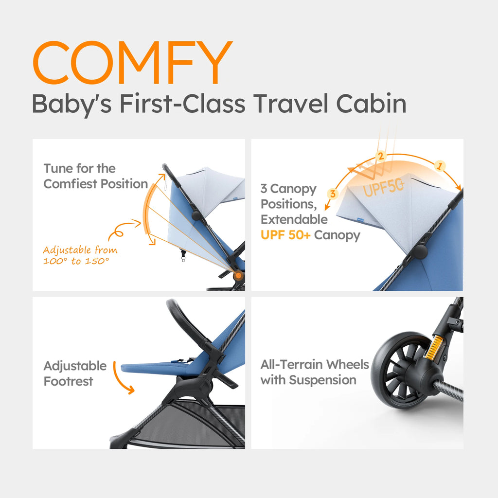 MAMAZING Ultra Air X Portable Baby Stroller 9.9lbs Carbon Fiber Frame with Safety Belt & Storage (BLUE)